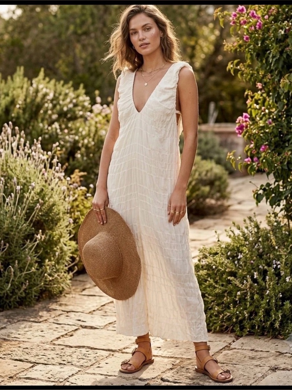 Free people Sleeveless V-Neck Cream flowy relaxed Maxi Dress - Picture 1 of 6
